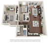 Two bedroom, one bathroom three-dimensional floor plan layout. Bedrooms are to the right of the layout, kitchen and living is to the left.